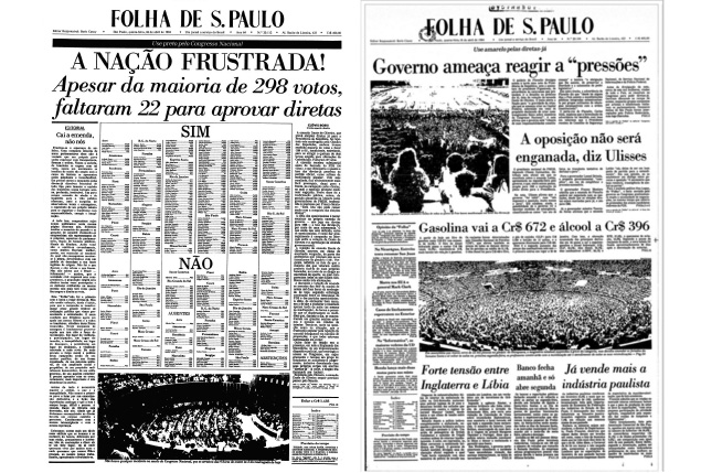 Páginas da Folha mostram apoio do jornal à campanha das Diretas; no alto, capa relata que a emenda foi derrotada