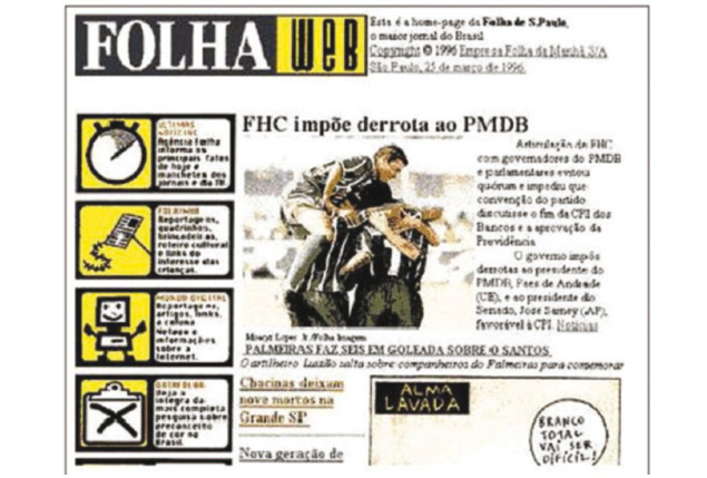 Capa da FolhaWeb, precursora do site da Folha, lançada em 1995 e primeiro jornal em tempo real do país