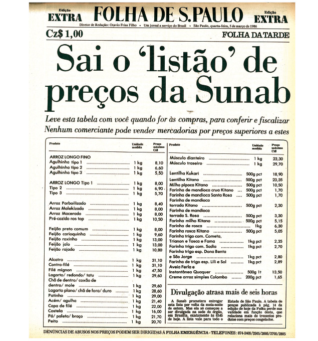 Edição extra da Folha em 1986, com a tabela de preços congelados do Plano Cruzado, marca o recorde de circulação na imprensa nacional, com 1,714 milhão de cópias