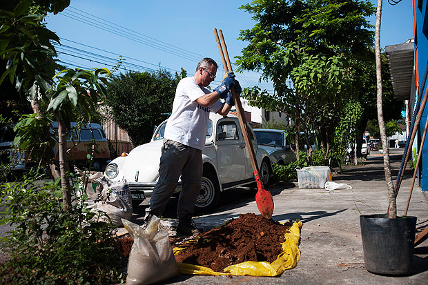 Danilo Bifone, morador da Mooca, planta uma muda de rvore em uma rua do bairro