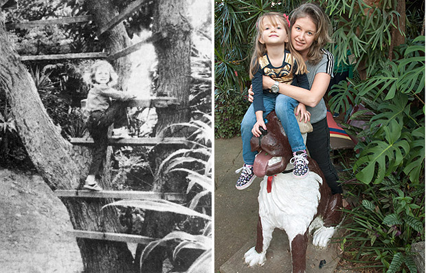 À esq., Giselle de Azevedo Paridaens, em 1981, então aos cinco anos, e agora com a filha, Clara, no parquinho