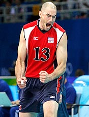 Clayton Stanley of the U.S. reacts during their men's final volleyball match against Brazil at the Beijing 2008 Olympic Games, August 24, 2008. REUTERS/Stefano Rellandini (CHINA)