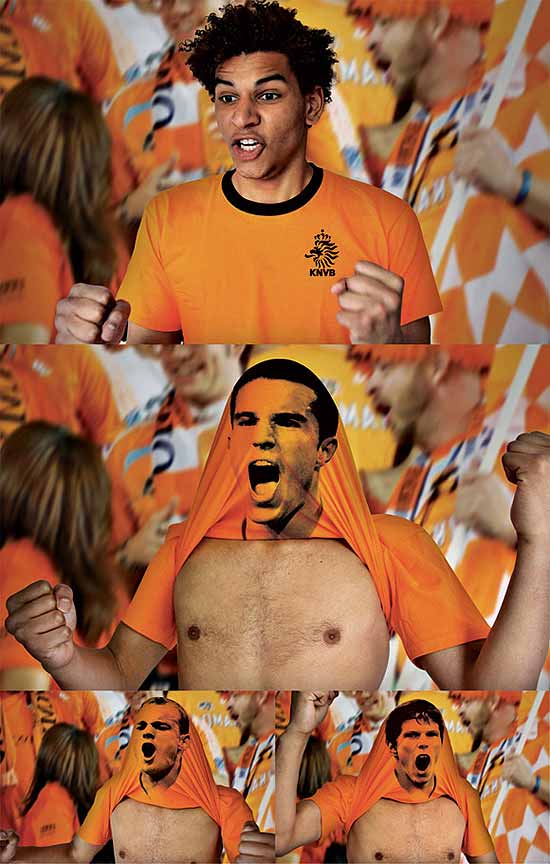 Outra camisa que fará a alegria dos torcedores holandeses traz como surpresa o rosto de alguns dos principais jogadores do time, como Van Persie e Sneijder. É para o torcedor ficar com a camisa na cabeça mesmo.