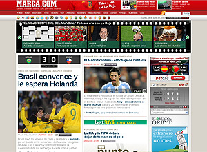Página eletrônica do jornal espanhol "Marca" logo depois da vitória brasileira desta segunda-feira