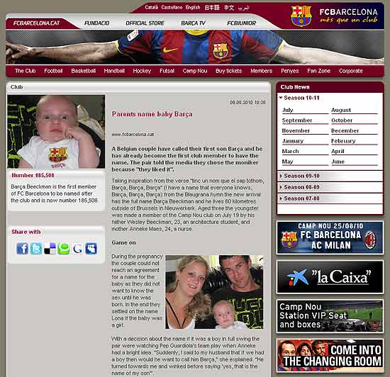 Reprodução site do Barcelona-Parents name baby Barça