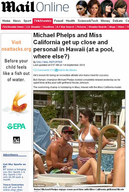 Reproduo do site do jornal ingls "Daily Mail" mostra Michael Phelps curtindo as frias com a namorada