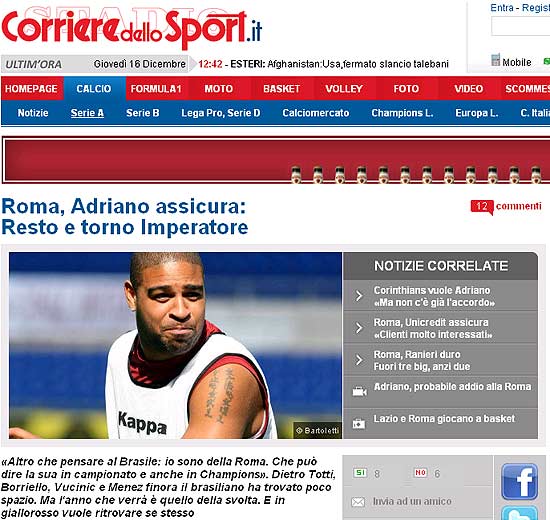 Adriano espera recuperar espaço na Roma marcando gols