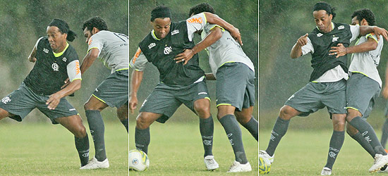 Ronaldinho treina sob chuva no Flamengo antes de estrear contra o Nova Iguaçu, nesta quarta