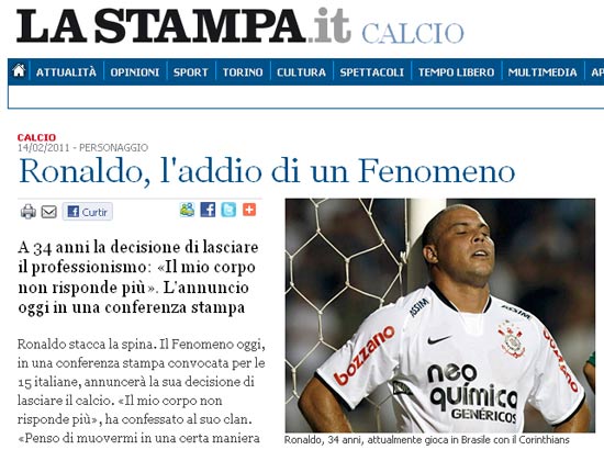 O italiano "La Stampa" destacou a despedida do atacante Ronaldo do futebol