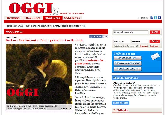 Site italiano Oggi.it publica foto de beijo de Pato e Barbara Besluconi