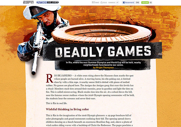 Reprodução da página sobre reportagem sobre os "Jogos Mortais" no site da ESPN americana