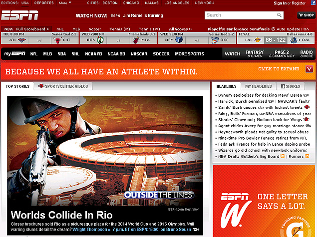 A página principal da ESPN americana destacou o artigo sobre a Olimpíada e a Copa no Rio nesta terça-feira