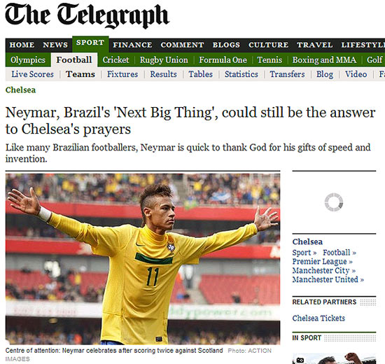 Reprodução da página do jornal britânico "The Telegraph" com reportagem sobre Neymar