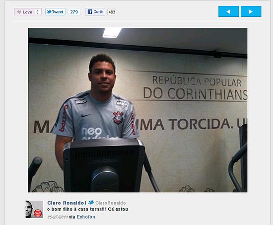 Ronaldo publica no Twitter sua foto do primeiro treino no CT do Corinthians
