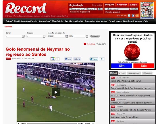Site do jornal "Record", de Portugal, destaca gol de Neymar como fenomenal