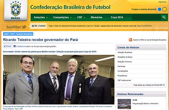 Reprodução do site da CBF mostra visita da comitiva do Pará a Ricardo Teixeira