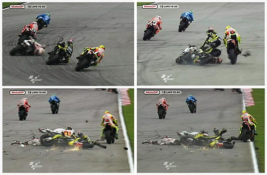 Sequência do acidente na MotoGP, em que o piloto Colin Edwards atropela Marco Sumoncelli