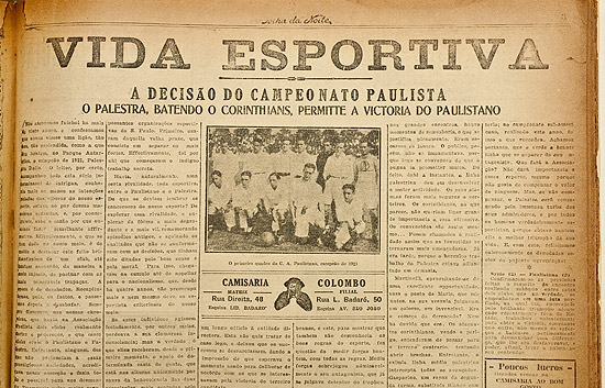 Pgina da Folha da Noite com a vitria palmeirense sobre o Corinthians 