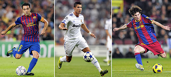 Os finalistas ao prêmio Bola de Ouro: Xavi, Cristiano Ronaldo e Messi