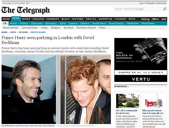 Reprodução do site do jornal inglês com a notícia de o príncipe Harry e Beckham foram vistos em festa 
