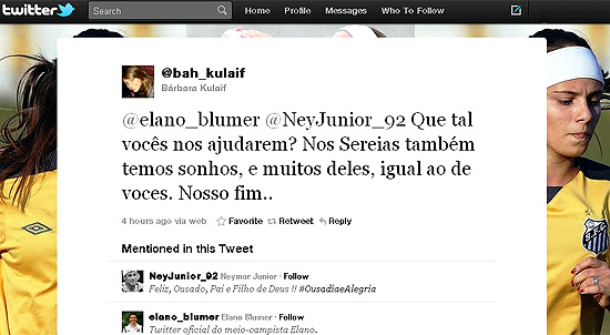 Reprodução do Twitter da ala Bárbara, que pede apoio a Elano e Neymar para futebol feminino do Santos