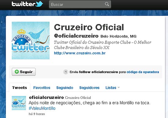 Reprodução da conta do Cruzeiro no Twitter