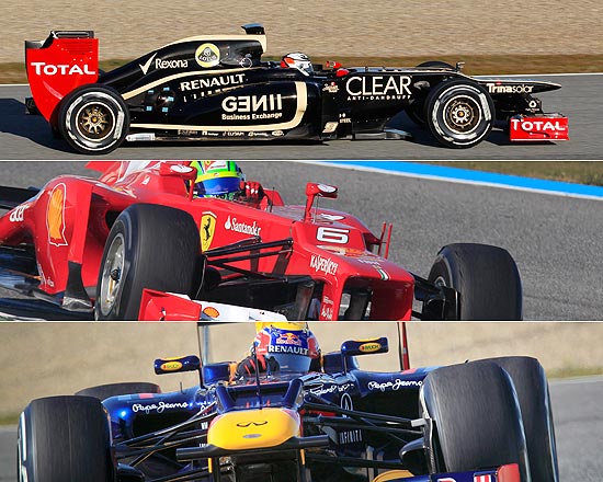 Fotomontagem com os carros da Lotus (preta), Ferrari (centro) e Red Bull; clique na imagem e veja galeria