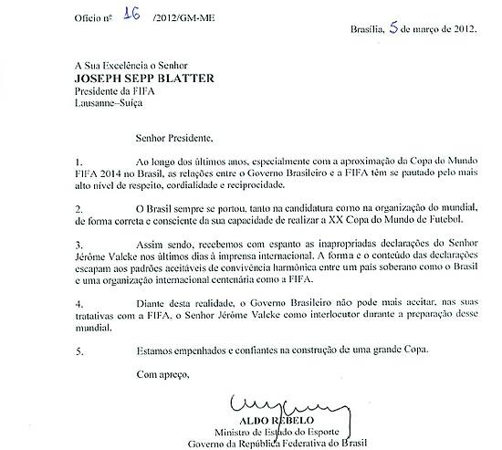 Carta de Aldo Rebelo a Joseph Blatter