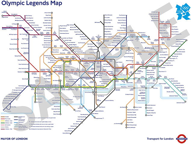 Mapa do metr de Londres com a homenagem aos atletas olmpicos