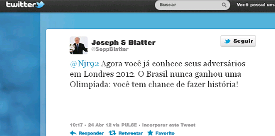 Reprodução do Twitter do presidente da Fifa, Joseph Blatter