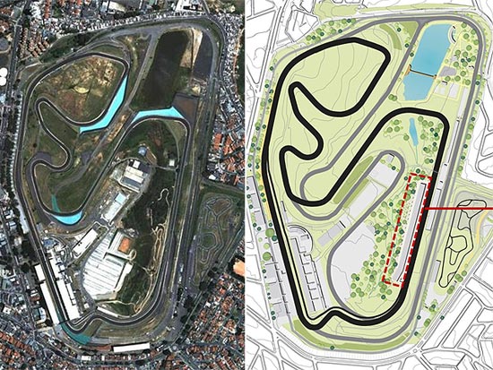 À esquerda, o autódromo atualmente; já à direita, com contorno vermelho, os novos boxes, na Reta Oposta