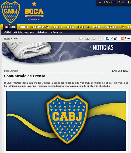 Reprodução do site do Boca Juniors