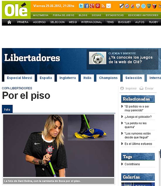 Reprodução da página de internet do argentino "Olé"