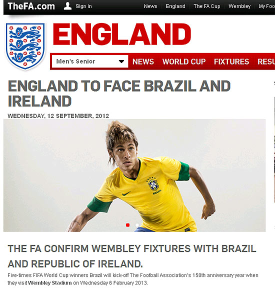 Nota oficial da federação inglesa confirma amistoso com o Brasil