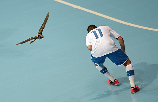 O italiano Saad Assis se abaixa para se proteger de coruja que invadiu quadra durante jogo contra o México