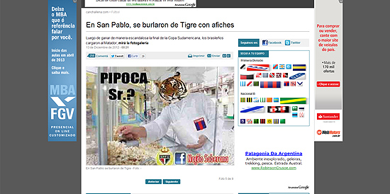 Imagens de reproduo do site argentino "Clarn" com provocaes contra o Tigre