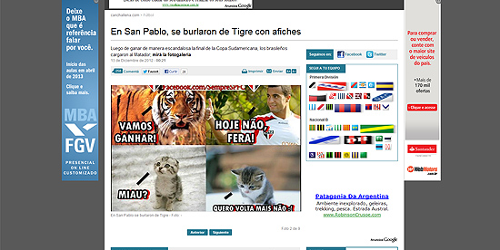 Imagens de reproduo do site argentino "Clarn" com provocaes contra o Tigre