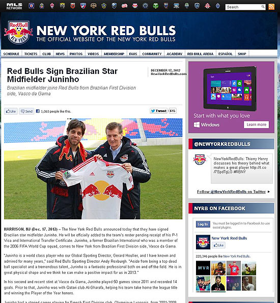 Reproduo do anncio da contratao no site do New York Red Bull