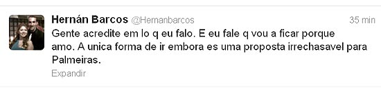 Barcos usa Twitter para dizer que s sai se Palmeiras receber proposta irrecusvel