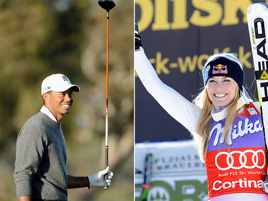 O golfista Tiger Woods e a esquiadora Lindsey Vonn em fotomontagem