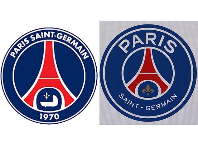 O smbolo antigo ( esquerda) do Paris Saint-Germain ao lado do novo, revelado nesta sexta-feira pelo clube