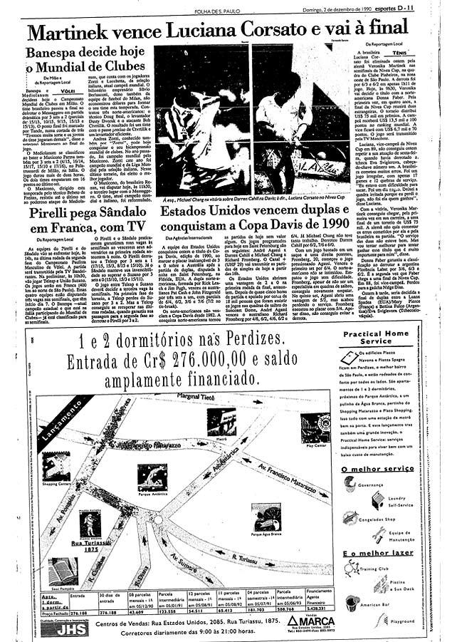 Reproduo da pgina da Folha de dezembro de 1990 com a chegada de Luciana Corsato at a semifinal da Nivea Cup; clique na imagem e veja mais