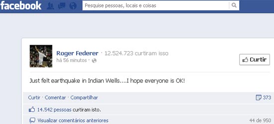 Roger Federer disse que "sentiu um terremoto em Indian Wells e que espera que todos estejam bem