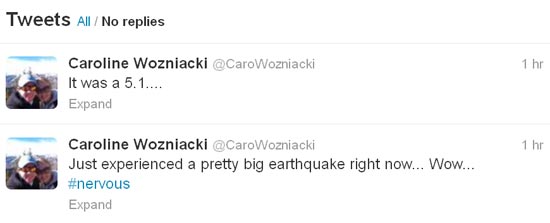 Caroline Wozniacki se assustou e classificou o momento como um "grande terremoto