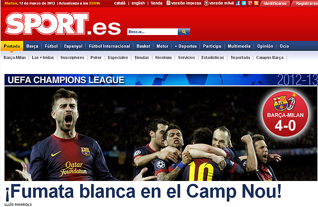 "Fumaa branca no Camp Nou"  a manchete do jornal catalo "Sport"