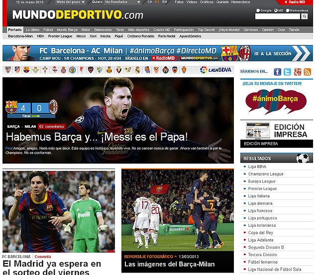 Site do jornal catalo "Mundo Desportivo" escreve "Habemus Bara e Messi  o papa!" 
