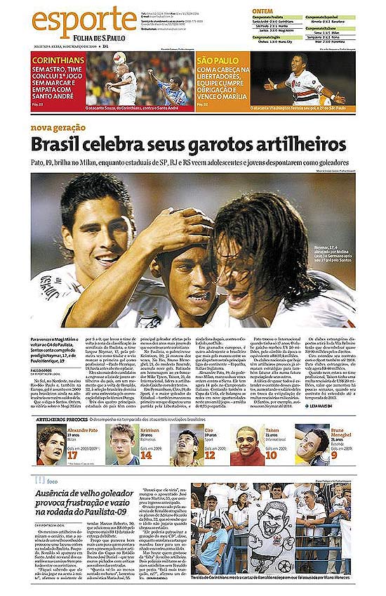 Edio da Folha de 16 de maro de 2009 destaca o primeiro gol de Neymar pelo Santos; clique na foto e veja mais