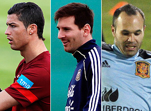Os craques Cristiano Ronaldo ( esquerda), de Portugal, Messi, da Argentina, e Iniesta, da Espanha