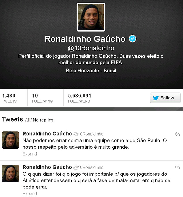 Meia Ronaldinho usa sua conta no Twitter para explicar declarao polmica durante o jogo entre So Paulo e Atltico-MG, pela Libertadores
