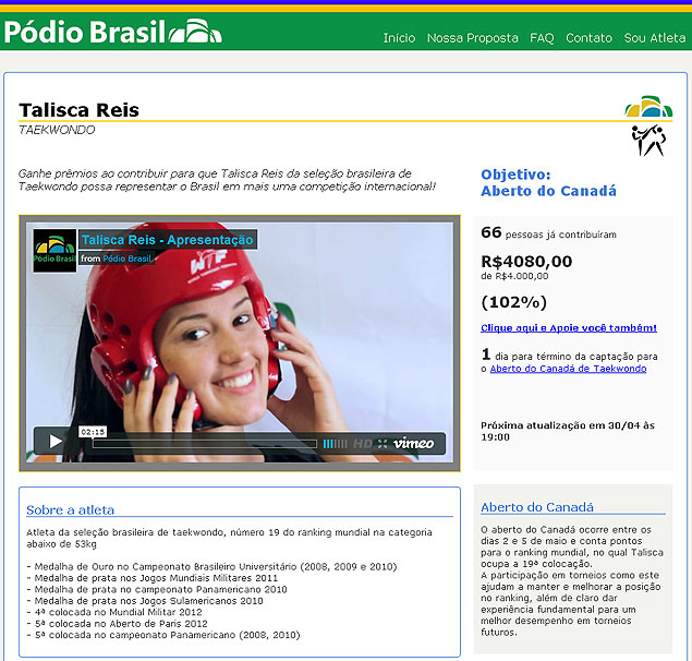 Reprodução da página de Talisca Reis no Pódio Brasil